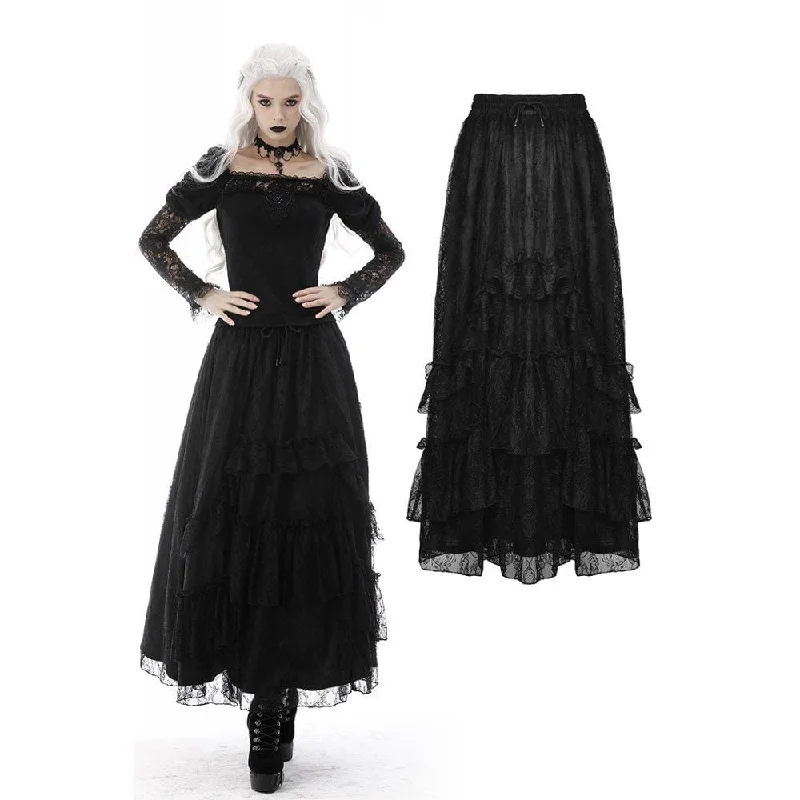 Women's Gothic Ruffled Layered Lace Long Skirt wool skirt sturdy