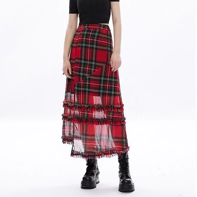 Women's Grunge Ruffles Red Plaid Irregular Hem Skirt corduroy skirt cozy