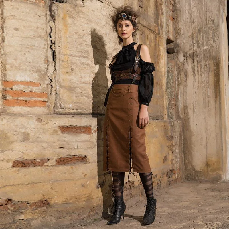 Women's Leatherlook Steampunk Straight Skirt lace skirt intricate
