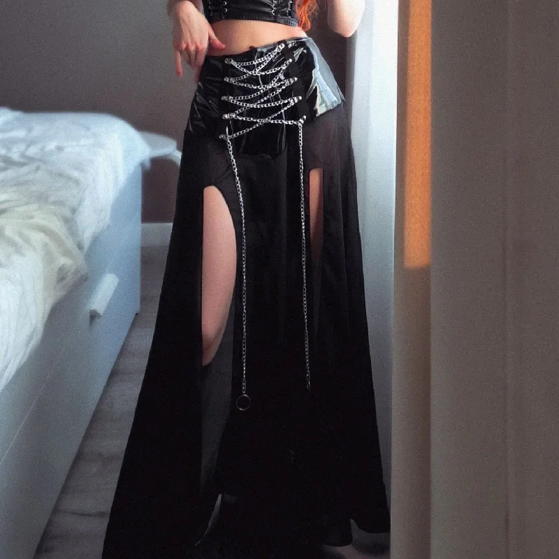 Women's Punk Side Slit Sheer Mesh Maxi Skirt denim skirt classic