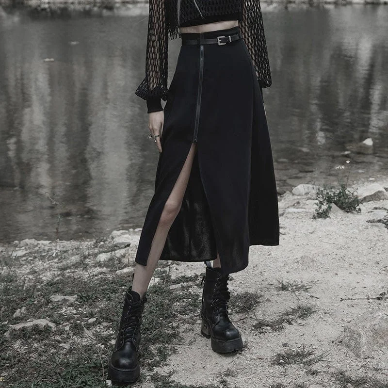 Women's Punk Side Slit Zipper Skirt with Belt leather skirt bold