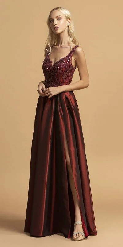 Aspeed L2241 A-Line Appliqued Long Taffeta Dress with Slit