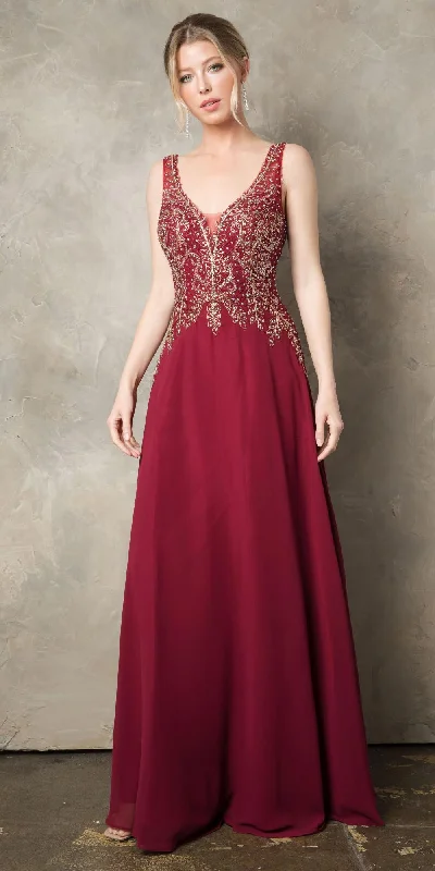 Juno 926 A-Line Long Formal Dress Appliqued Bodice