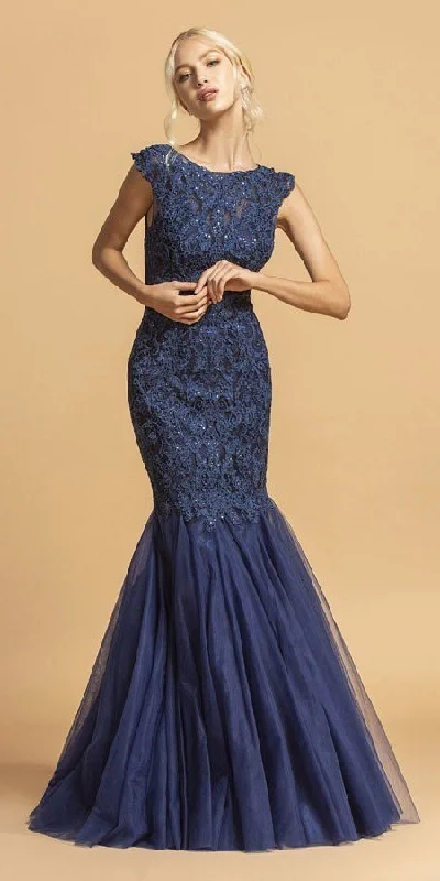 Aspeed L2093 Appliqued Tulle Mermaid Gown Cap Sleeves