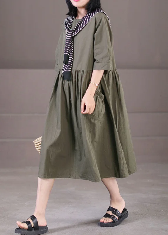 Army Green Sailor Collar Cotton Holiday Dresses Pockets Wrinkled Half Sleeve