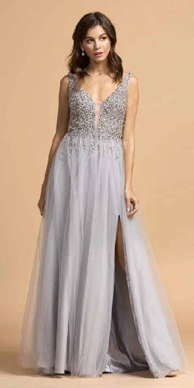 Aspeed L2234 Beaded Bodice Long Prom Dress with Slit