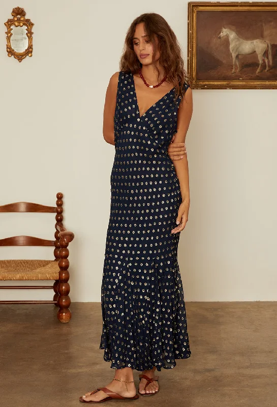 Clarette Georgette Navy Slip Dress with Gold Metallic Dots