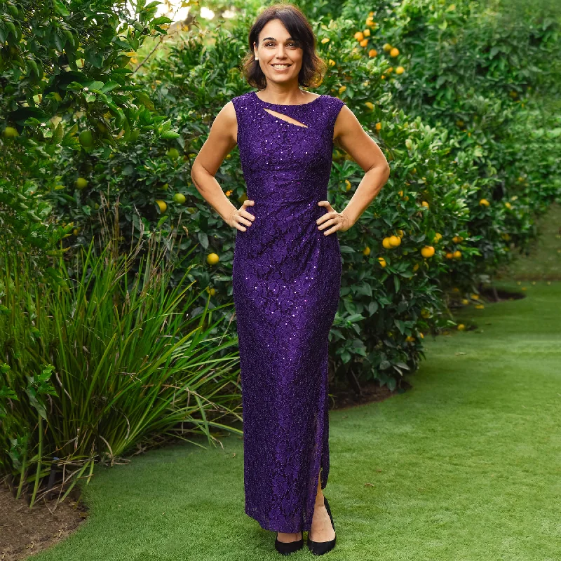 Elizabeth Eggplant Sequin Lace Floor Length Dress