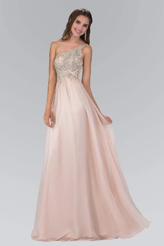 Elizabeth K - GL2094 Bead Embellished Asymmetric Neck Chiffon Gown