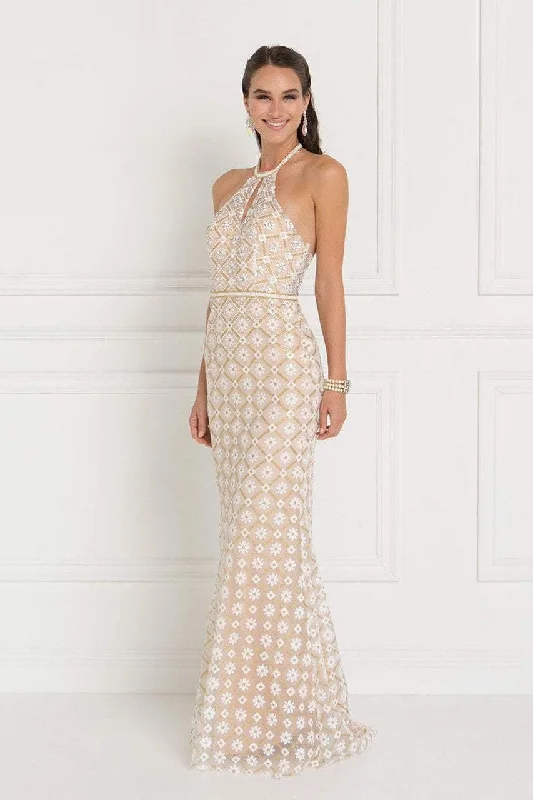 Elizabeth K - GL1548 Beaded Halter Tulle Sheath Dress