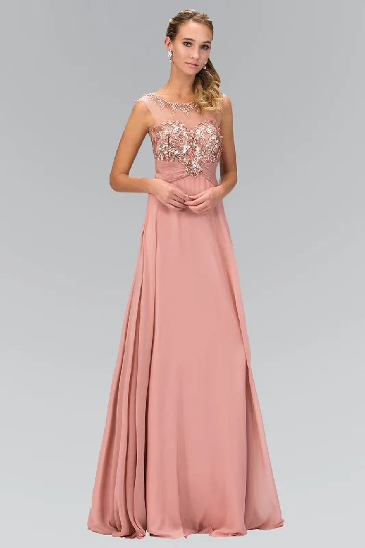Elizabeth K - GL2085 Sequined Illusion Bateau Neck A-Line Dress