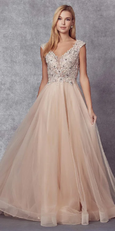 Juliet 684 Cap Sleeved Long Formal Dress with Appliques
