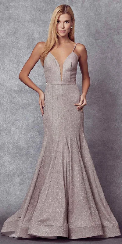 Juliet 207 Floor Length Low V-Neck Fitted Glitter Mermaid Dress