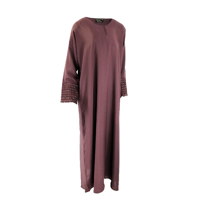Hijaz Magenta Red Korean Nidha Emirati Abaya Arab Dress with Embroidered Sleeves