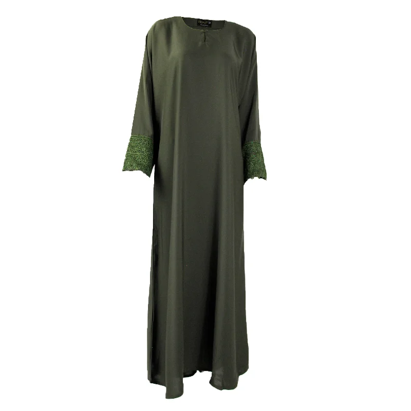Hijaz Olive Green Korean Nidha  Emirati Abaya Arab Dress with Embroidered Sleeves