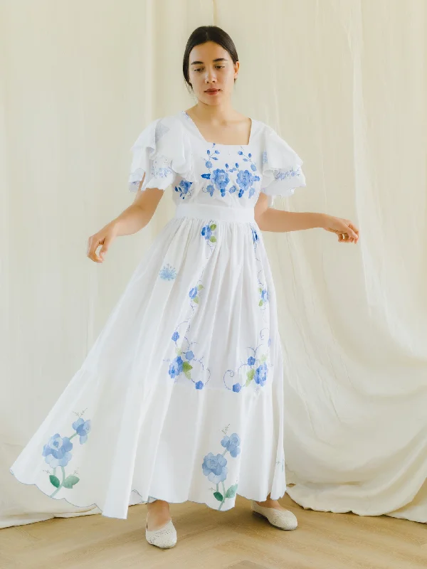 Re-Dress Upcycled Vintage Blue Rose Embroidered