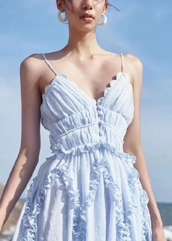 Sexy Light Blue Ruffled Patchwork Backless Spaghetti Strap Dresses Vestidos Summer