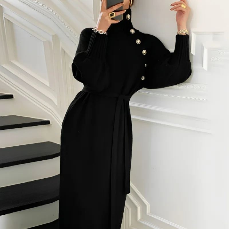 Tied Detail Buttoned Longline Knit Jumper Dress
