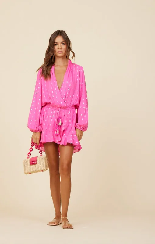 VINTAGE HAVANA CLIPPED METALLIC DRESS - HOT PINK