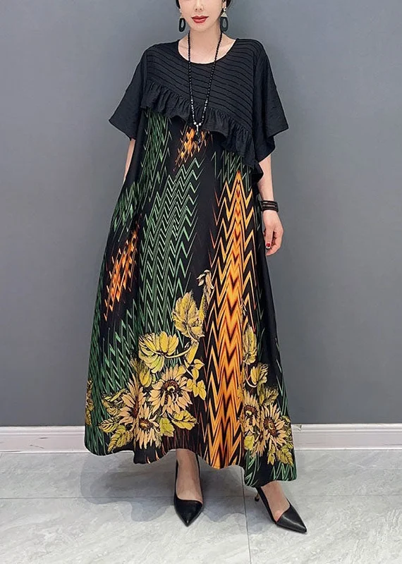 Women Black Print Patchwork Ruffled Silk Dress Summer