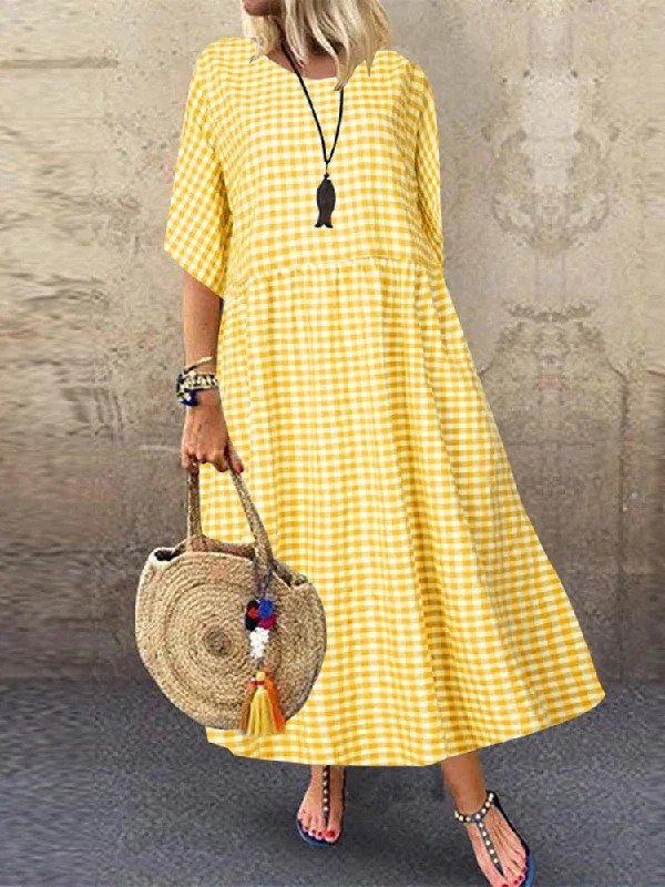 Women Casual Loose Plaid Print O-Neck Half Sleeve Dress