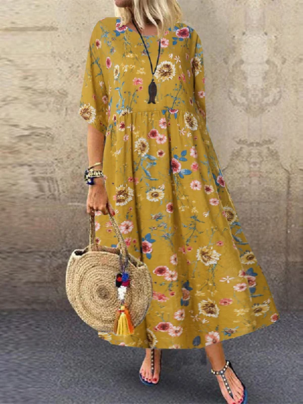 Women Casual Loose Printed O-Neck Half Sleeve Dress