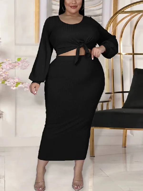 Plus Size Two Piece Ribbed Skirt Suits linen skirt natural