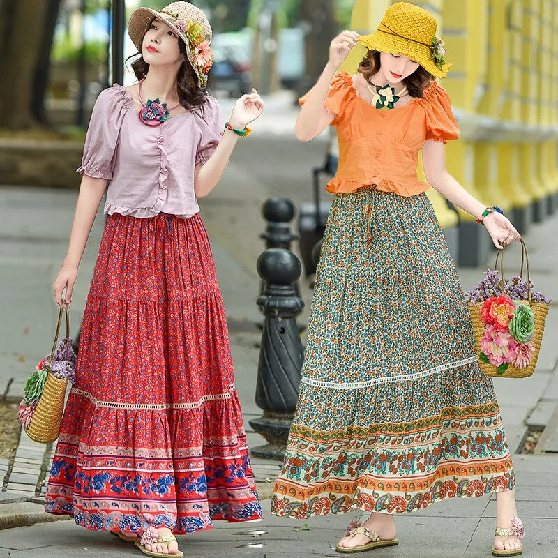 Boho Floral A-Line Women's Maxi Skirt Elastic High Waist Sashes Vintage Pleated 2022 Summer Clothes Female denim skirt fashionable