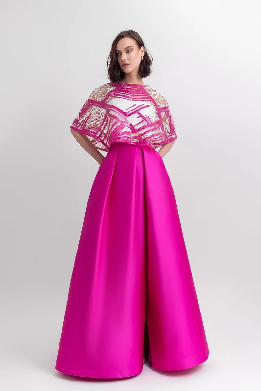 Cape-like sequins top, paired with a wide satin skirt with a slit on the side spandex blend skirt