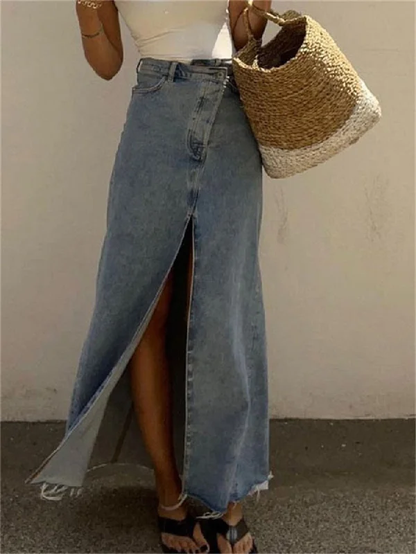 Casual High Waist Denim Skirts Women Spilt Out Maxi Jean Skirt Summer Holiday Long Skirts ribbed skirt waist