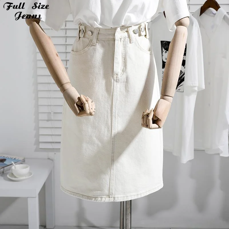 Harajuku Button Up White A-line Denim Jeans Skirt XL XXL Autumn Spring Elegant Women Office Lady Workwear Maxi Denim Skirts lace skirt elegant