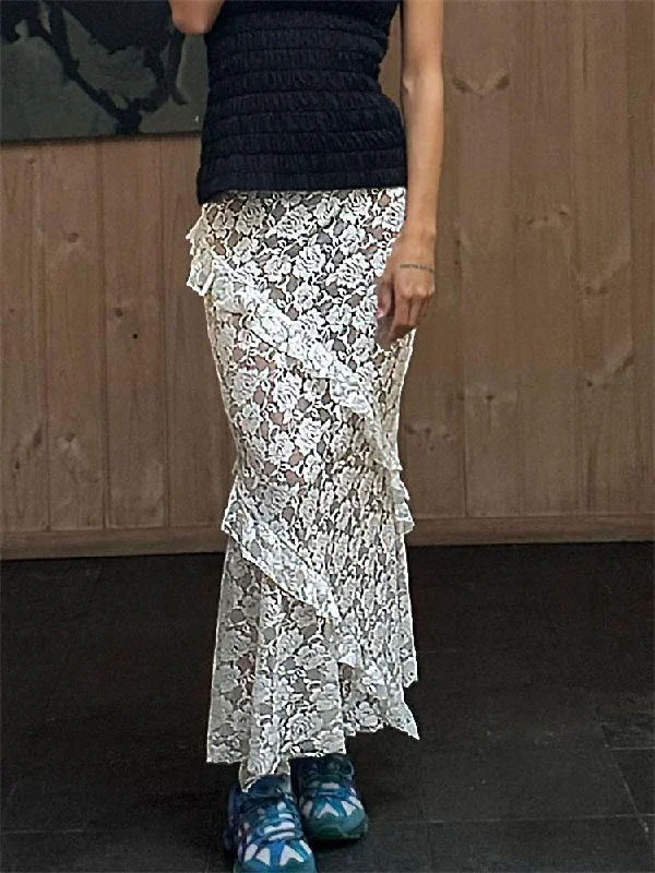 Lace Ruffled See-Through Maxi Skirt Women Slim Patchwork Party Holiday Women's Long Skirt Outfits Female Summer Maxi Skirt chiffon skirt lightweight