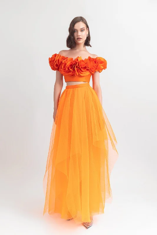 Ruffled crop top with pleated tulle skirt lace skirt romantic