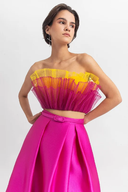 Ruffled tulle crop top with belted skirt cashmere skirt fine