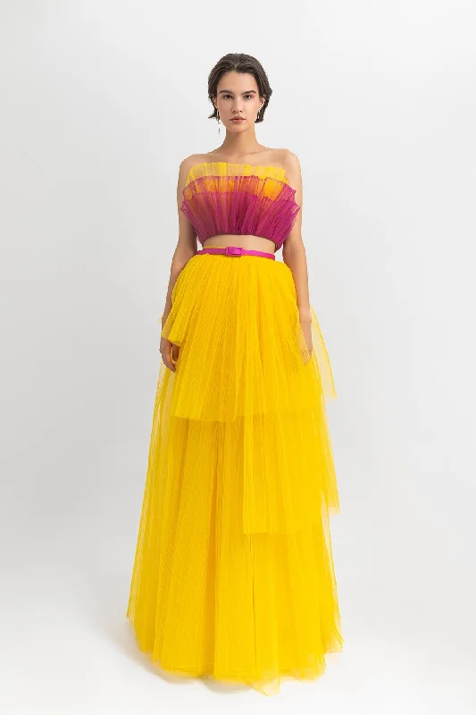 Ruffled tulle crop top with belted tulle skirt chiffon skirt airy