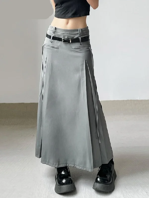 Safari Style Tassel A-Line Skirt With Sashes Casual Streetwear Pockets Low-Waisted Maxi Skirts Women Autumn Winter corduroy skirt durable