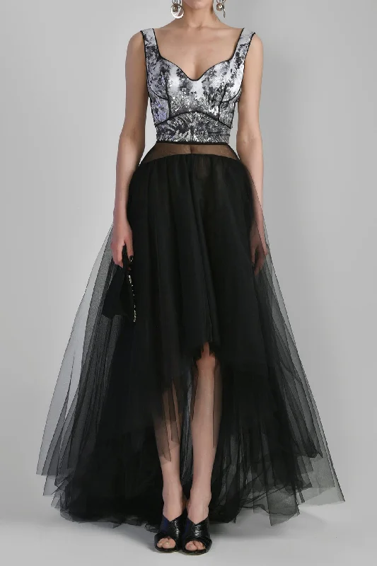 Satin printed crop top with tulle skirt a-line skirt cut