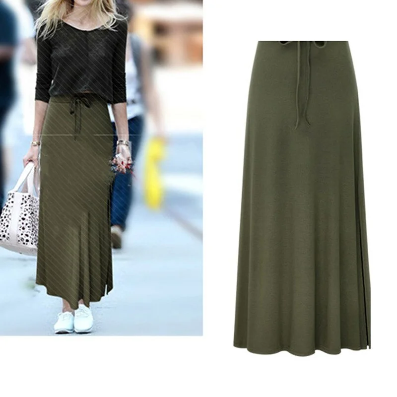 Slit Belted Maxi Skirt Women Pleated Long Skirt Autumn Winter High Waist Vintage A-Line Skirtsnew summer skirt style