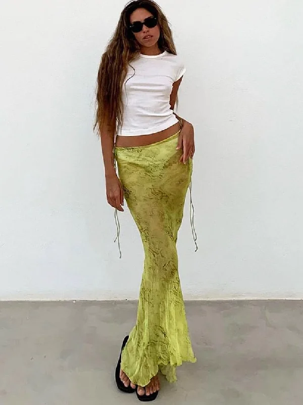 Summer Chiffon Fashion Maxi Skirt cover-up Women Elegant High Waist printed Holiday See-Through Printed Female Long Skirt seamless skirt comfort