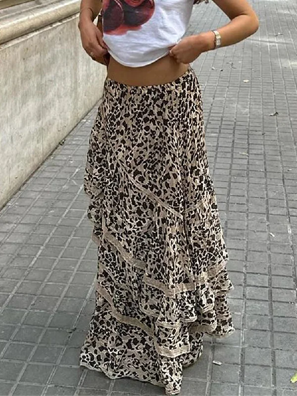 Leopard Printed Maxi Skirt Female Ruffled Patchwork Fashion Summer High Waist Bandage Party Looks Women Long Skirt corduroy skirt textured