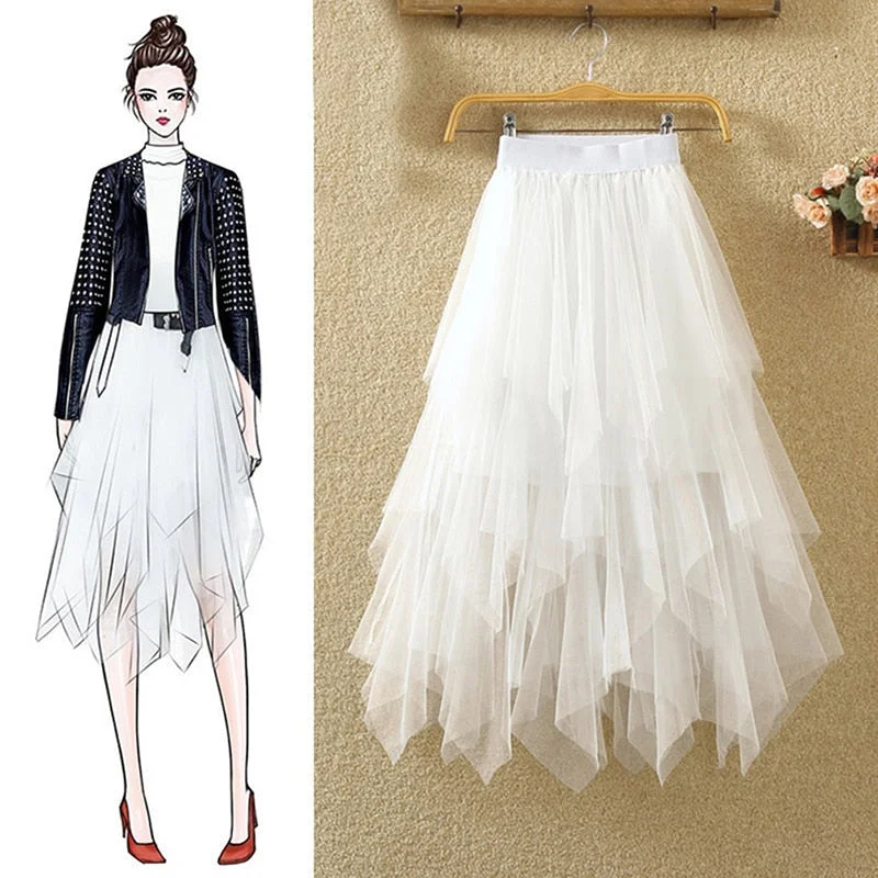 Tulle Skirts Womens Faldas Mujer Moda 2022 Elastic High Waist Mesh Tutu Maxi Pleated Long Midi Saias Jupe Women's Skirt wool skirt sturdy