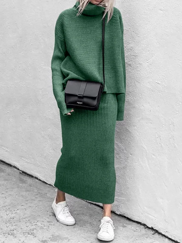 Two Piece Outfit Solid Long Sleeve Turtleneck Knit Jumper and Bodycon Midi Skirt Set high waist skirt