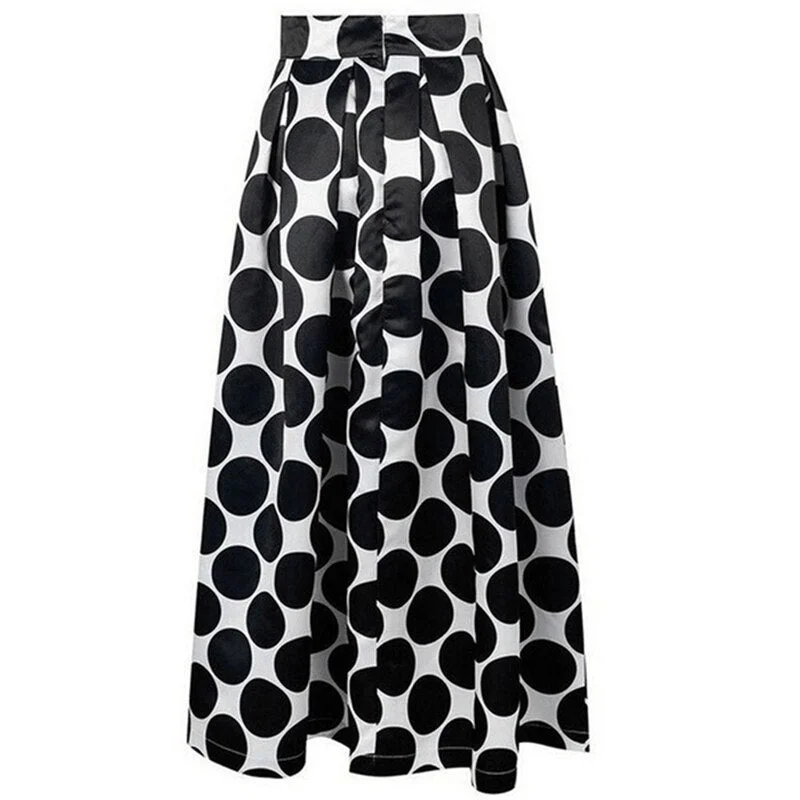 Vintage Skirt High Waist Polka Dots Printed Maxi Fall Casual Elegant Women Long Skirt Black/Blue/Red Pleated Skirt modal blend skirt