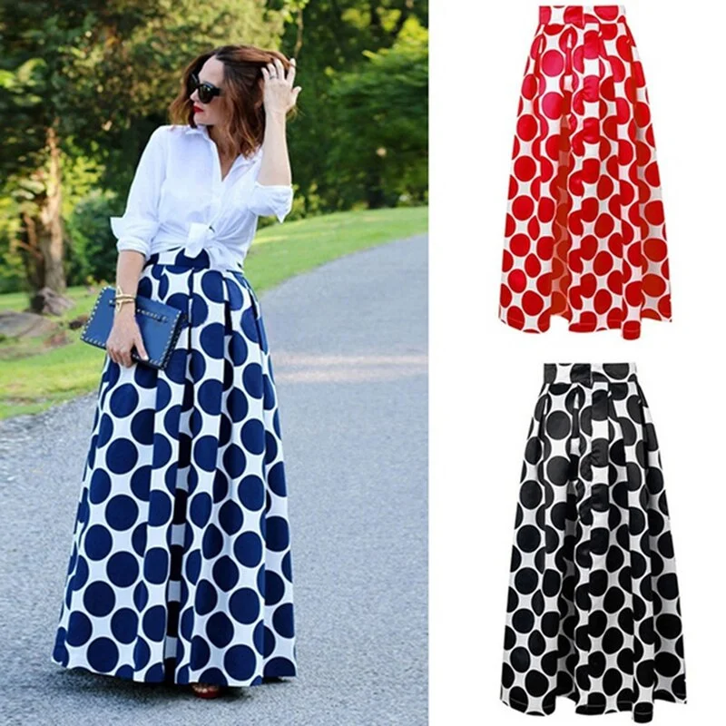 Vintage Zipper High Waist Polka Dots Printed Maxi Skirt Fall Casual Elegant Women Long Skirt Black/Blue/Red Pleated Skirt low waist skirt