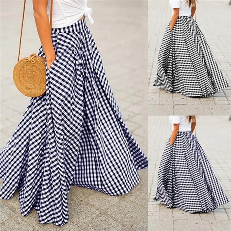 Women'S Skirts 2022 Vintage Plaid Check Long Skirt  Zipper Pleated Bohemian  Femme Casual Pockets Maxi Skirts New leather skirt durable