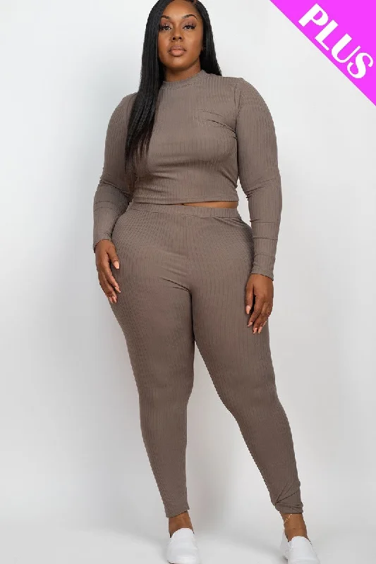 Plus Ribbed Mock Neck Long Sleeve Top & Leggings Set Fashionable Sports Leggings