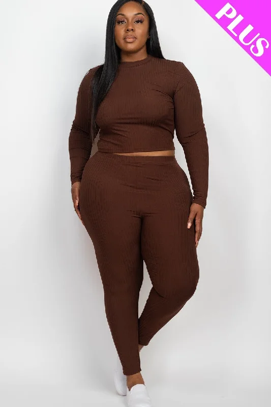 Plus Ribbed Mock Neck Long Sleeve Top & Leggings Set Comfortable Bootcut Workout Leggings