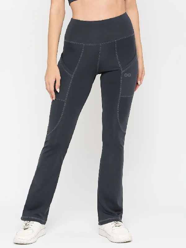 Women's Flared Sports Leggings - Charcoal Trendy Foil Finish Leggings