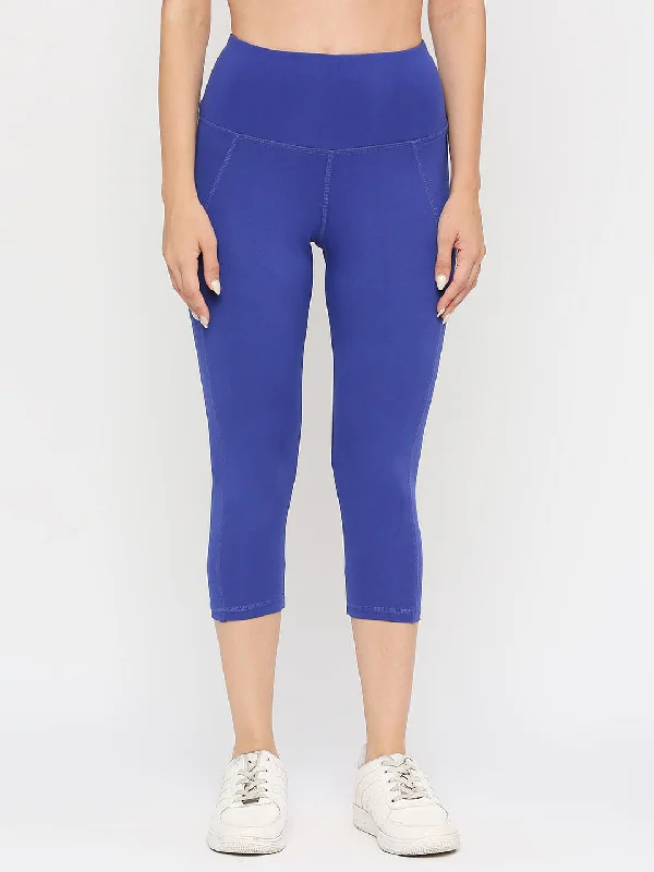 Women's Calf-Length Sports Leggings - Royal Blue Elegant Shiny Black Leggings