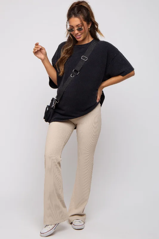 Cream Ribbed Maternity Flared Leggings Elegant Stretchy Faux Leather Leggings